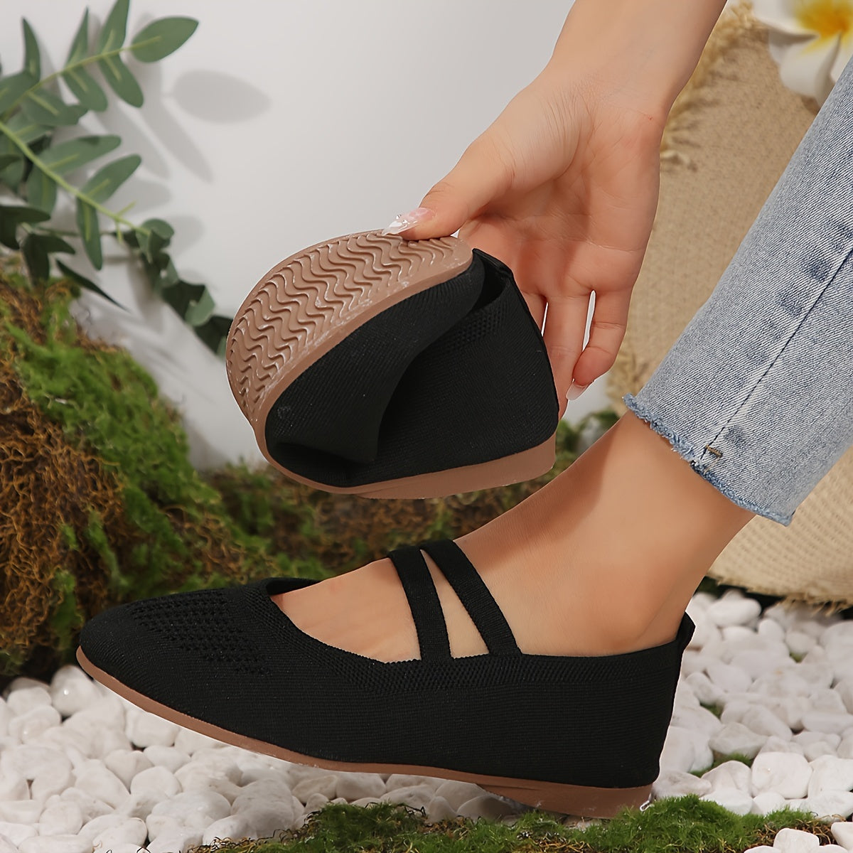 Women's Knitted Flats Ankle Band Breathable Slip-On Shoes