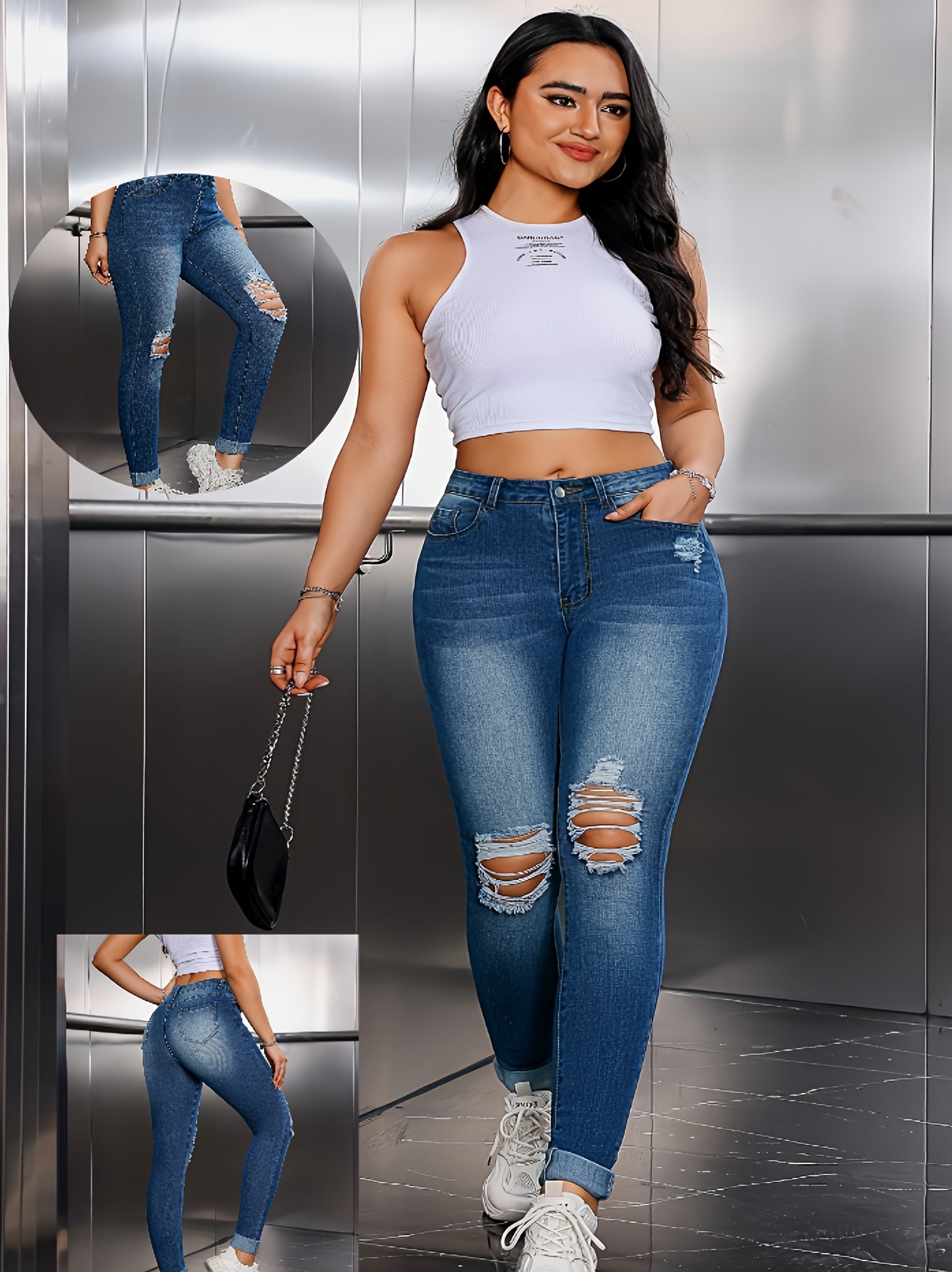 Women Plus Size Distressed Denim Jeans with Rolled Hem Light Blue Stretchy Casual