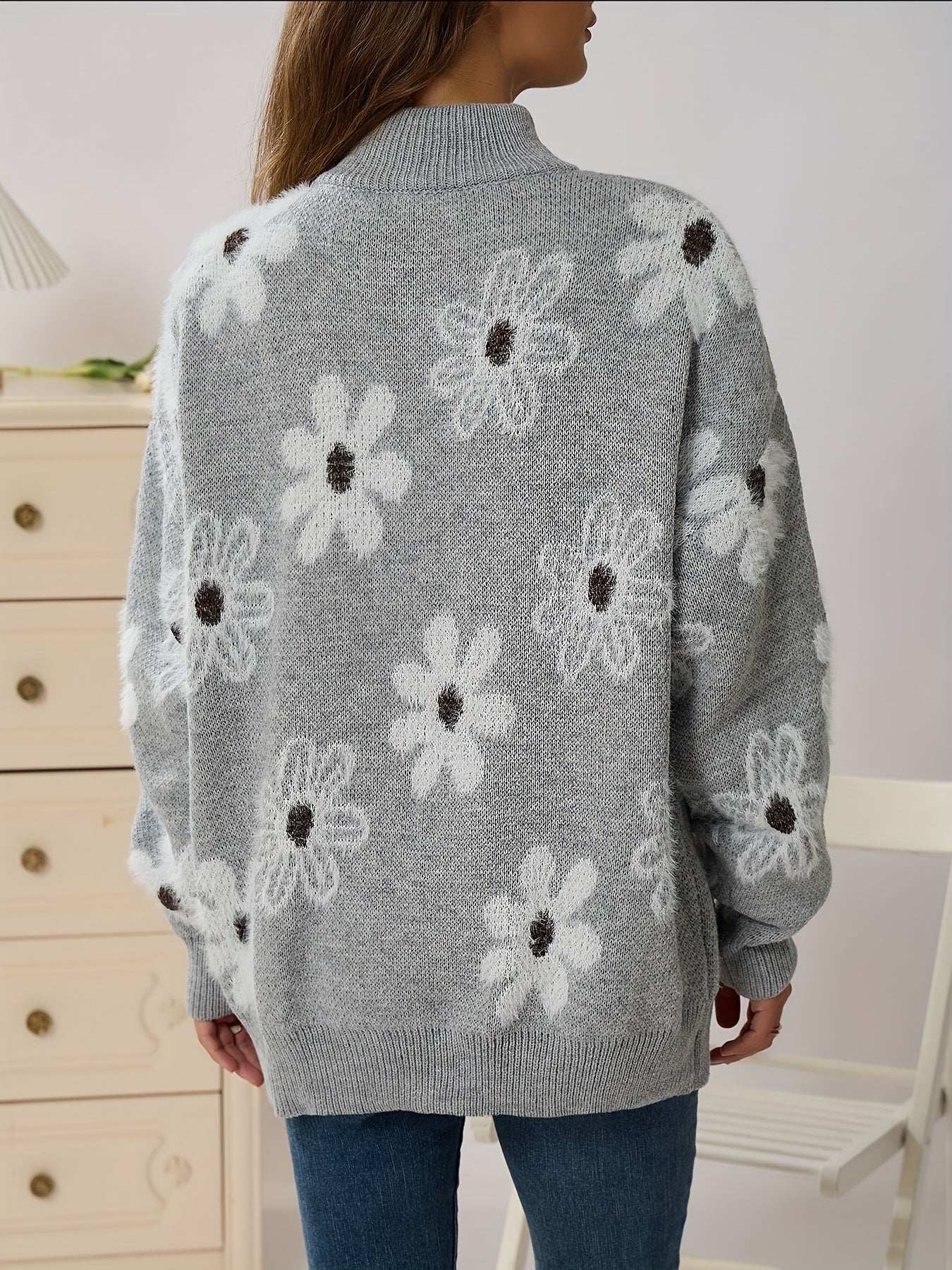 Women's Floral Pattern Zip Sweater Long Sleeve Casual Pullover for Autumn Winter