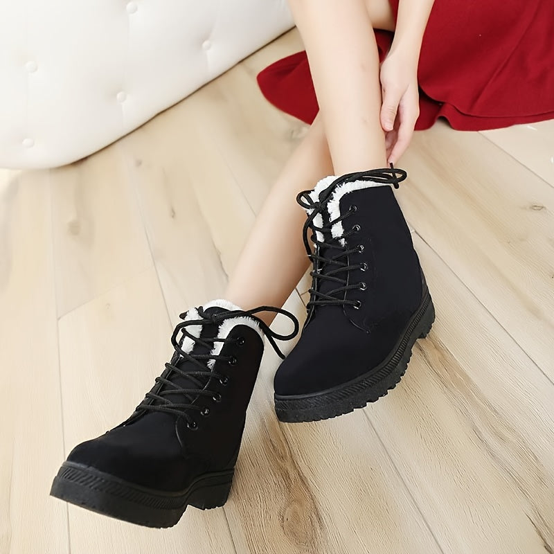 Women Winter Ankle Boots Black Slip-Resistant Flat Lace-Up Footwear