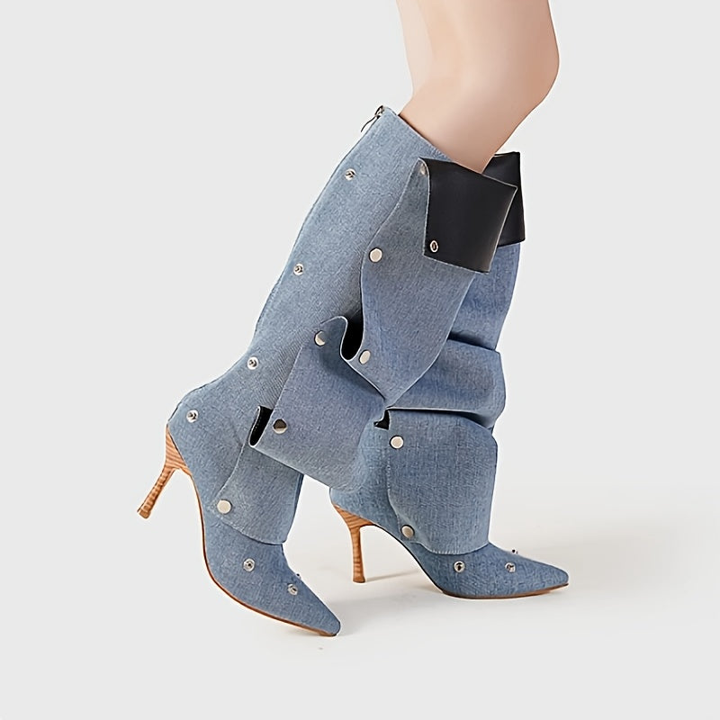 Women's High Heel Stack Boots Pointed Toe Zipper Casual All-Season