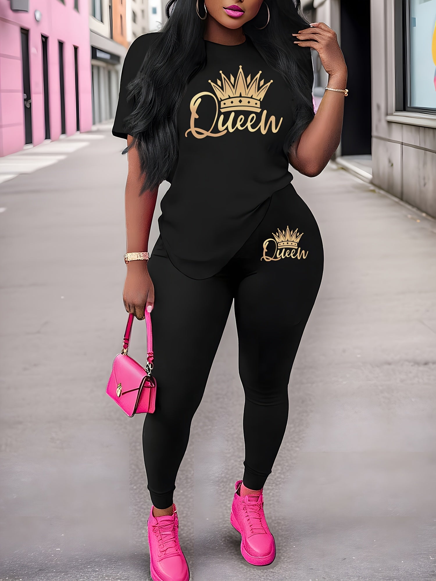 Women's Sports Short Sleeve Suit Crown Print 2pcs Set Elastic Casual