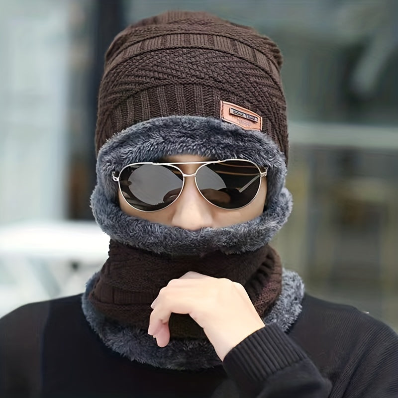 Men's Winter Outdoor Plaid Knitted Pullover Hat with Plush Thickened Scarf