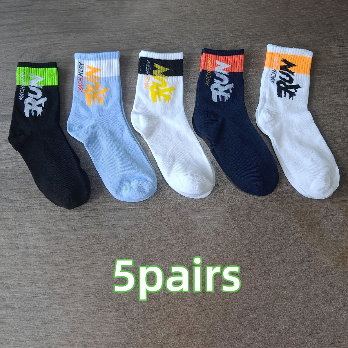Men's Mid-Calf Crew Socks 5 Pairs Letter Pattern Breathable Polyester for Outdoor Sports