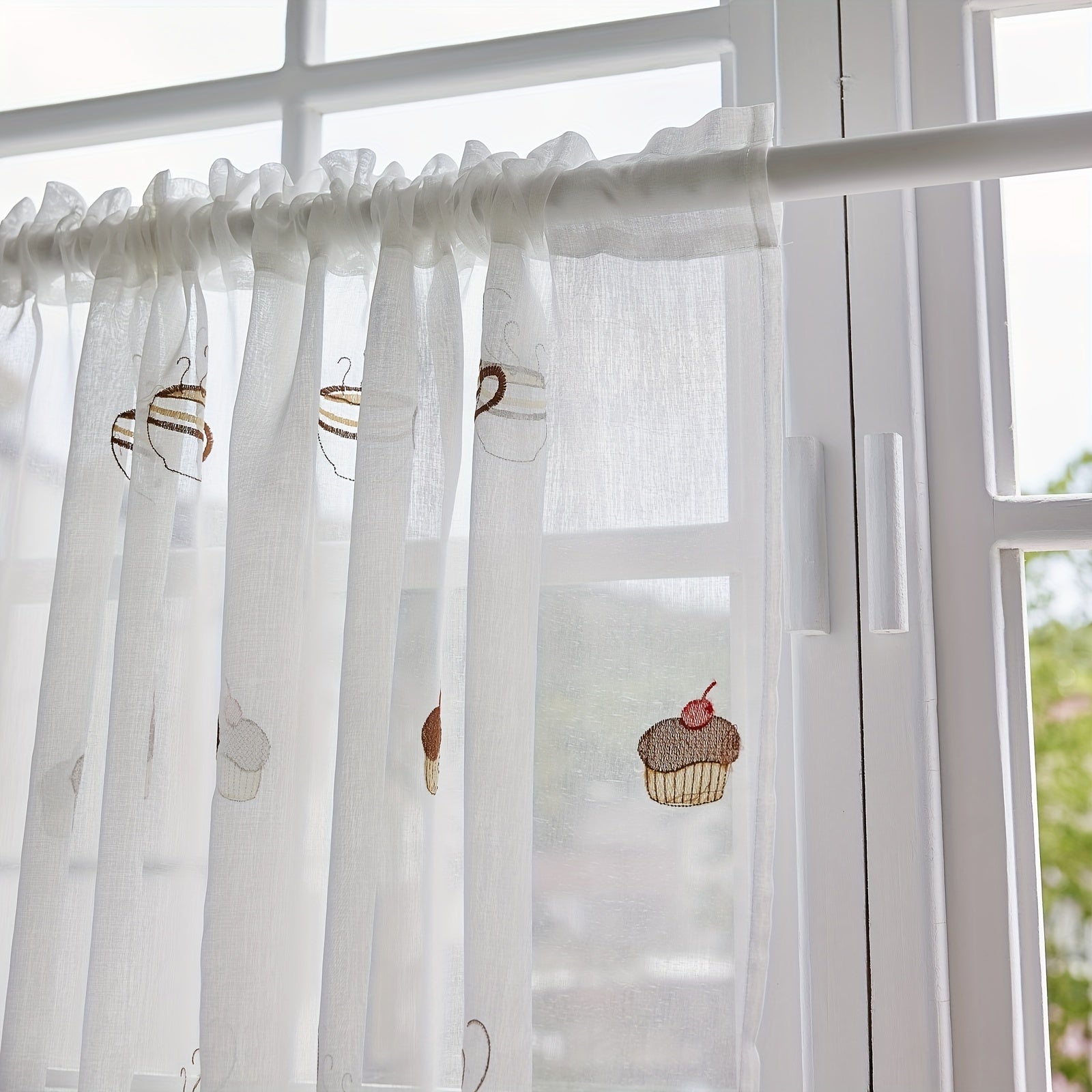 White Sheer Embroidered Cafe Curtain with Rod Pocket for Kitchen and Living Room
