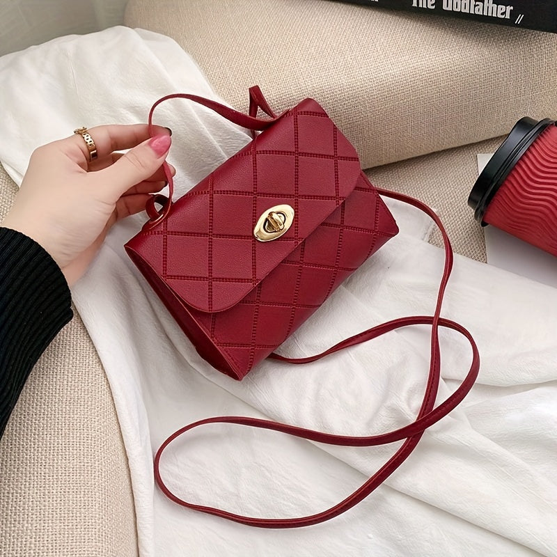 Small Square Handbag with Embossed Design and Quilted Crossbody Strap in Multiple Colors