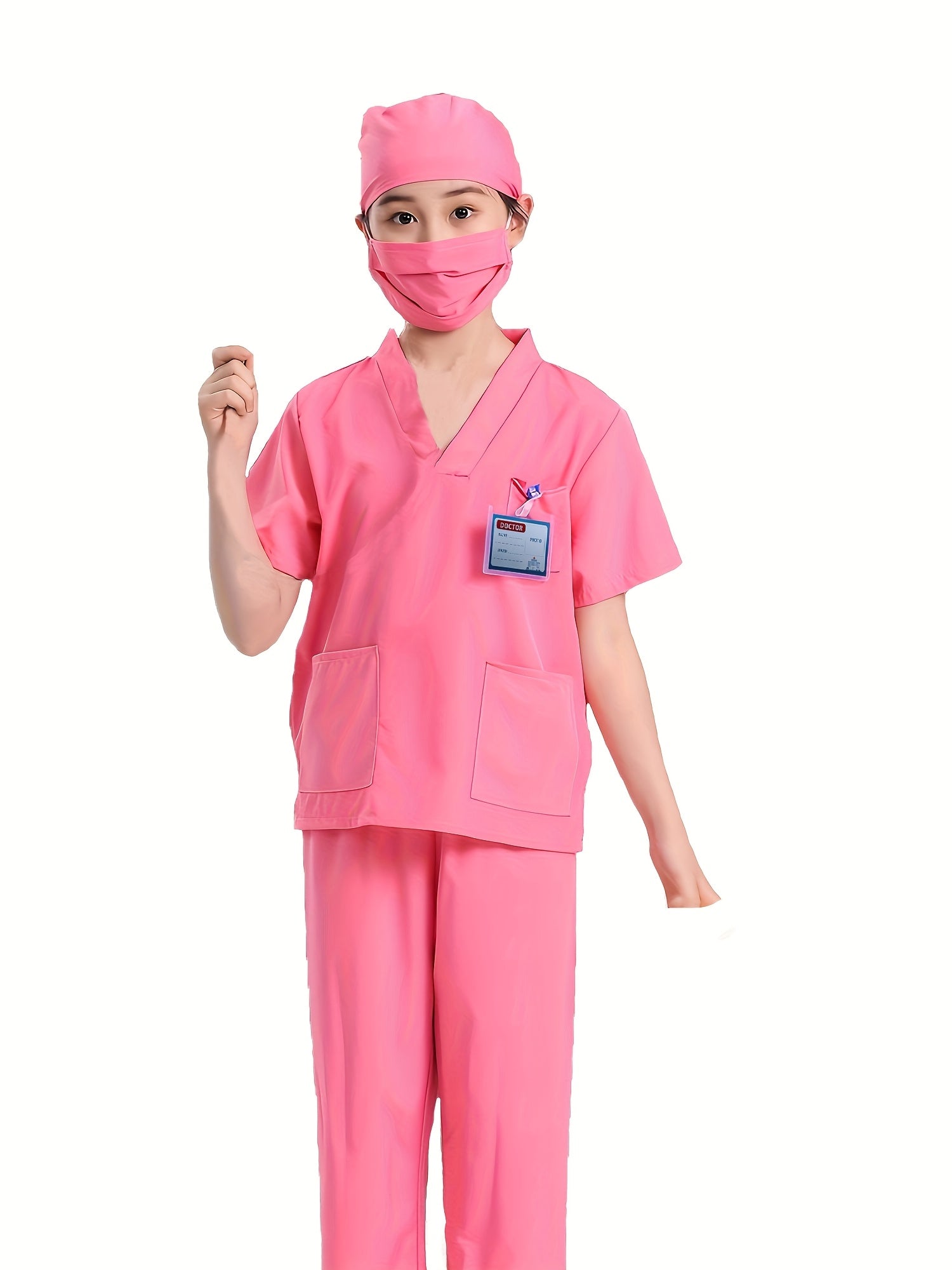 Kids Nurse Costume Set for 3-7 Years Polyester Role-Play Dress Up with V-Neck Top Pants Hat and Coat