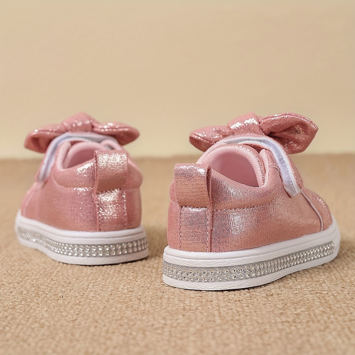Zapatos planos de niña con lazo de lentejuelas y puntera redonda, forro de tela, estilo casual, fiesta y streetwear