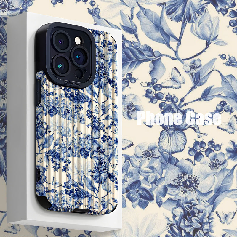 Funda de TPU con diseño floral azul para iPhone 16 Pro Max y otros modelos con cubierta de silicona anticaídas y cuero