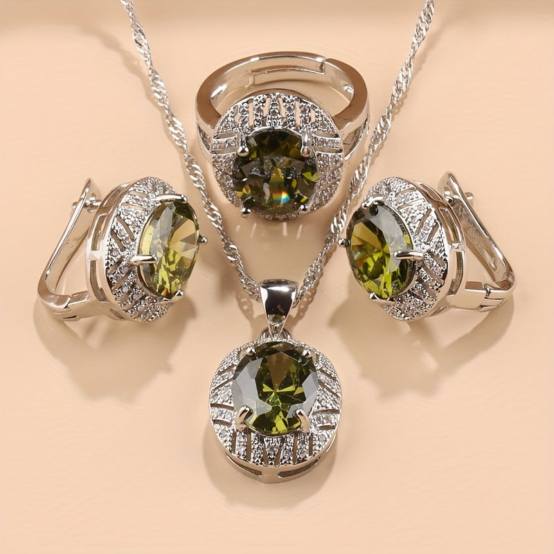 Silver-Plated Bridal Jewelry Set with Cubic Zirconia Necklace Earrings Rings 4 Piece