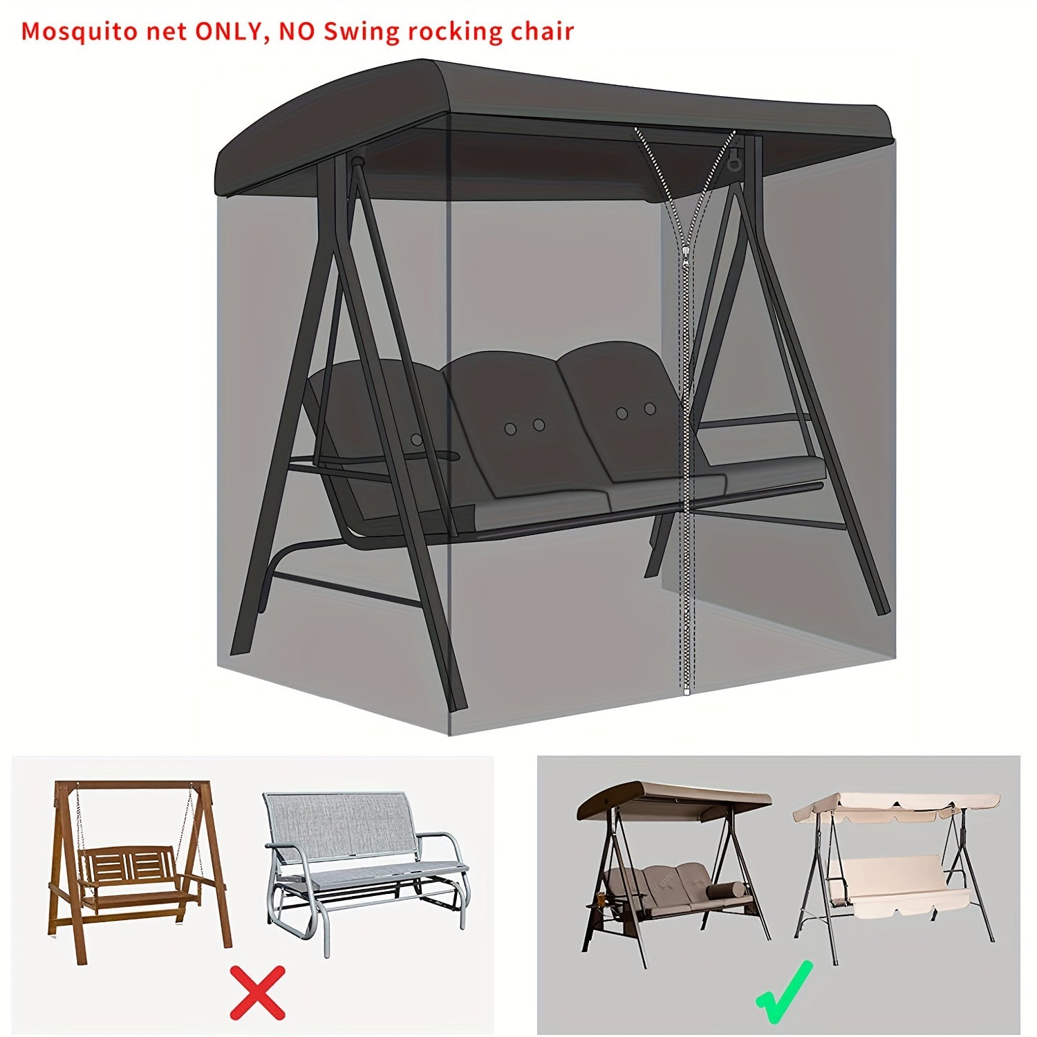 Black Patio Swing Chair Cover with Mosquito Net Waterproof Adjustable 124-203cm