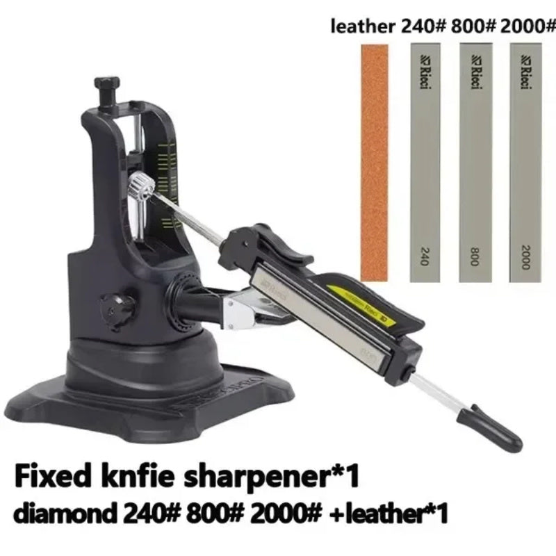 Professional Knife Sharpener System with Cast Iron Base and Whetstones