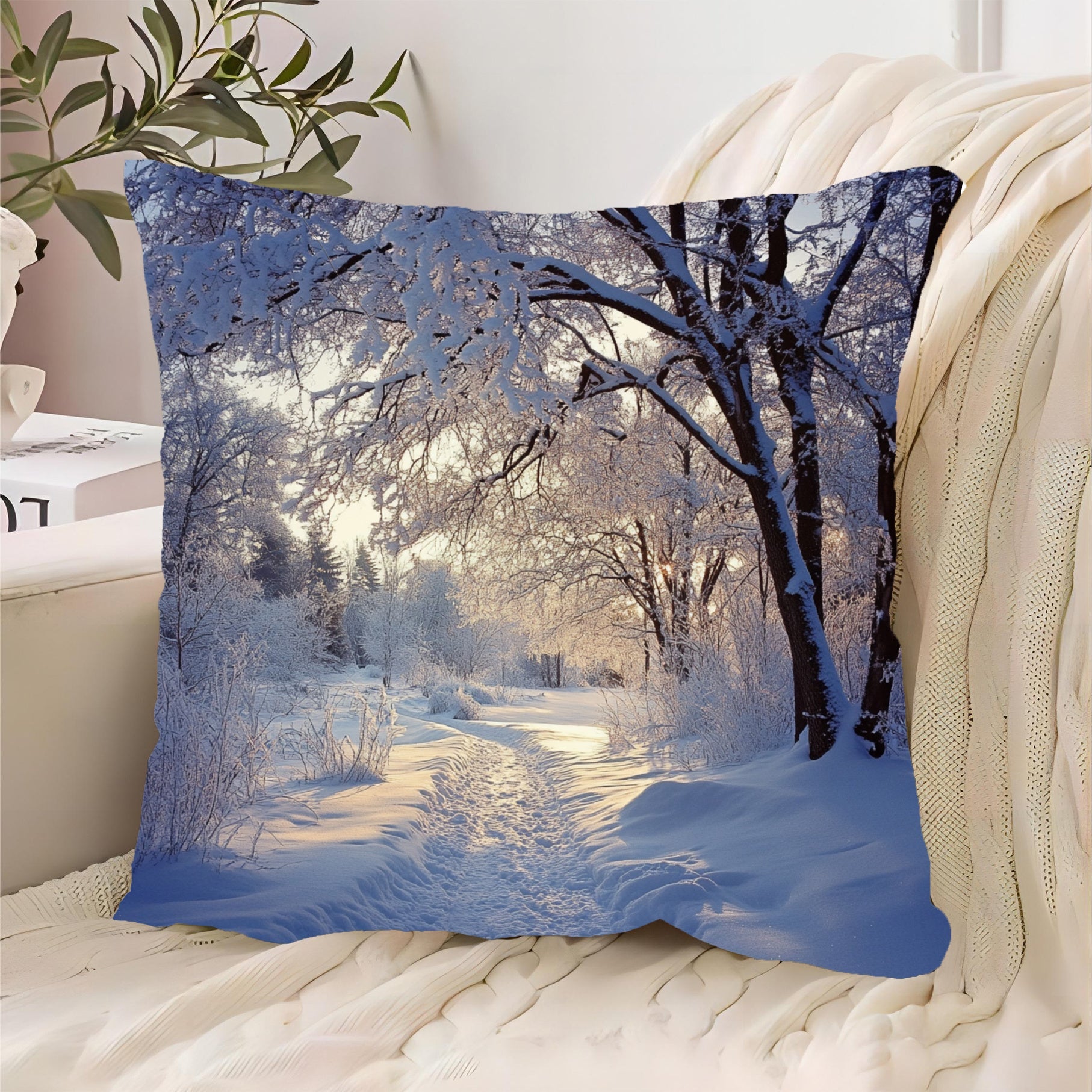 Winter Wonderland Snow Scene Throw Pillow Cover 45.72cm Short Plush Polyester
