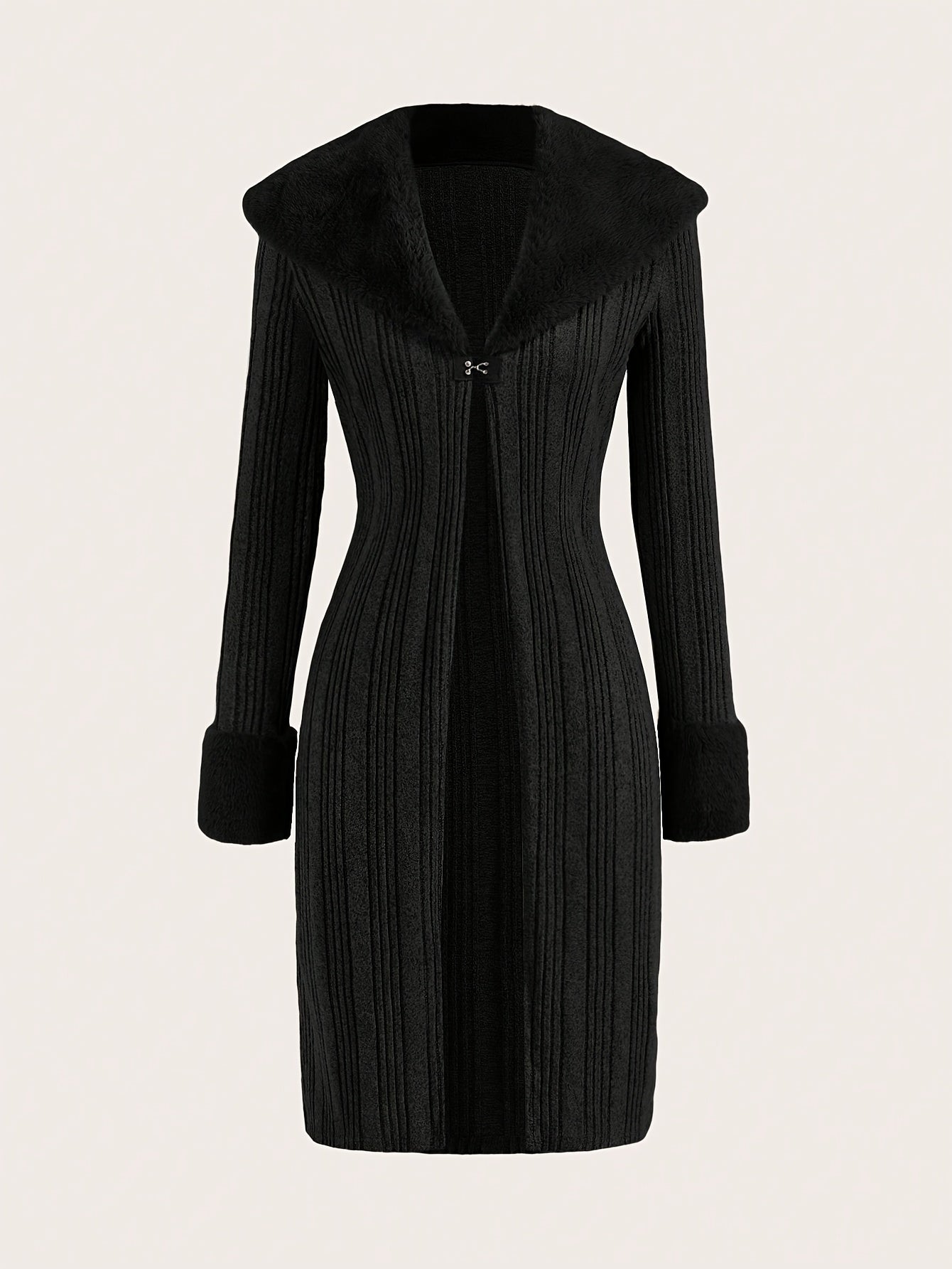 Uzoq yengli, uslubiy polyester palto, soxta mo'ynali yaka bilan, barcha fasllar uchun mukammal.