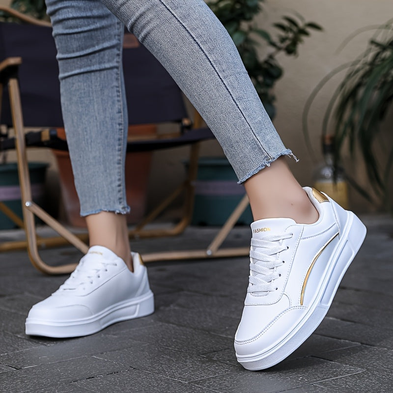 Women’s White Casual Sneakers with Gold Accents Breathable Lightweight Shoes