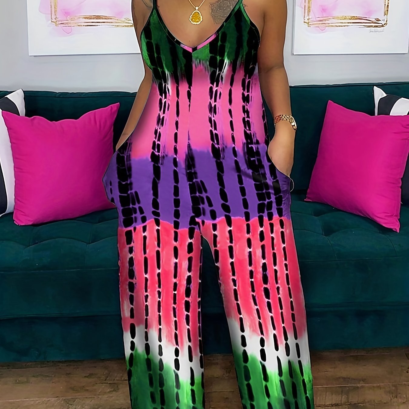 Plus Size Women's Casual V-Neck Tie-Dye Jumpsuit Short Sleeve Summer Outfit