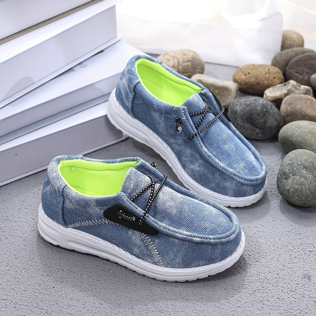 Boys Casual Sneakers with Elastic Laces Denim-Textured Canvas and EVA Sole for Spring and Fall