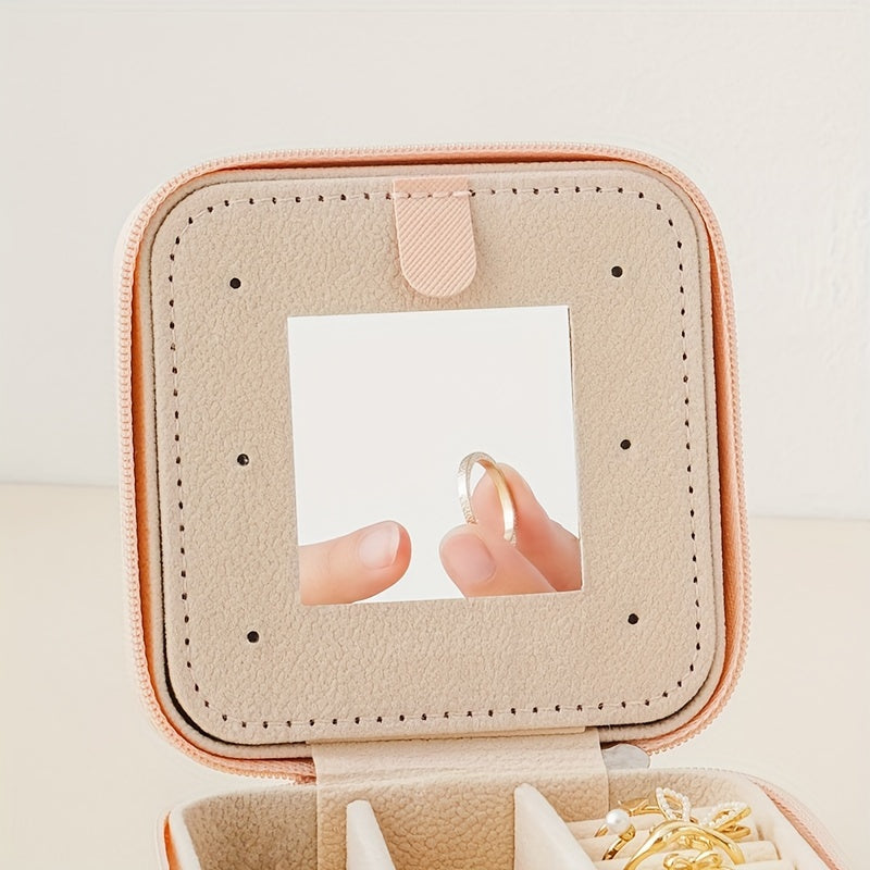Organizador pequeño de joyas con espejo y cierre de cremallera para viaje, con tres capas y múltiples compartimentos