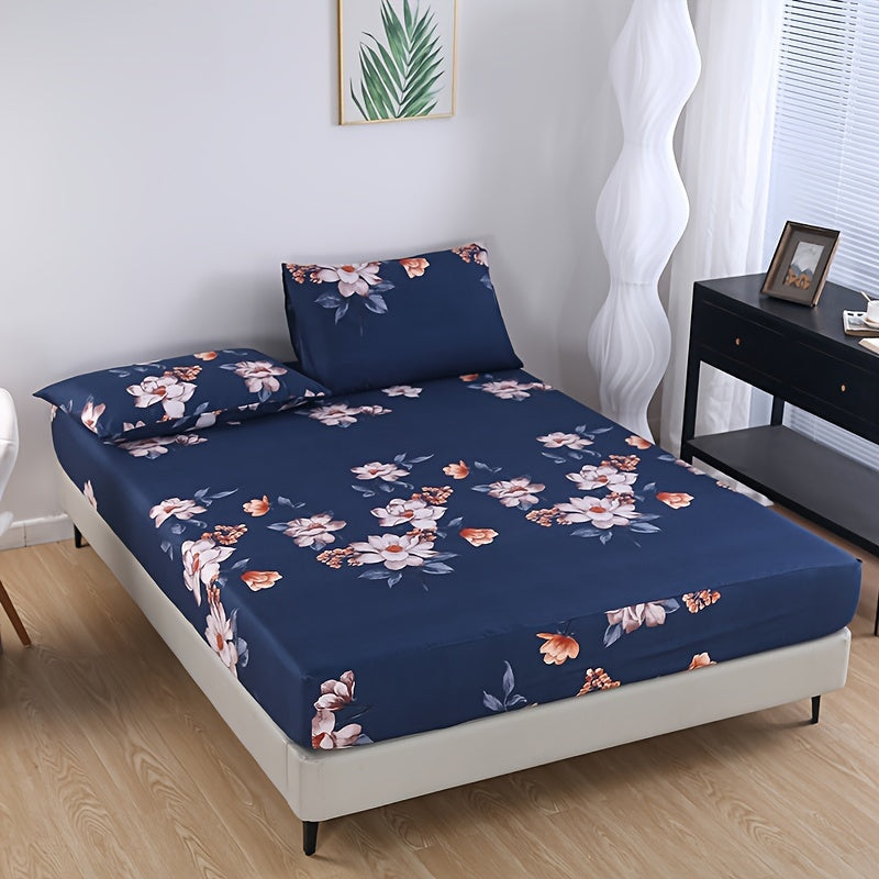 Floral Print Bedding Set with Fitted Sheet and Pillowcases for Bedroom and Guest Room