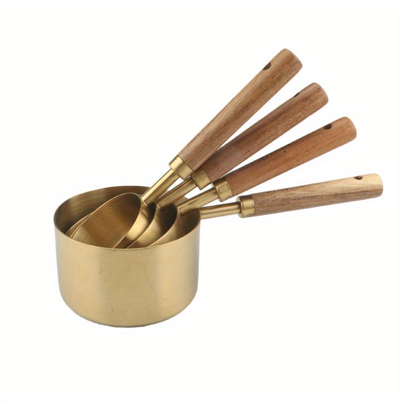 Juego de 4 tazas y cucharas medidoras de acero inoxidable con mangos de madera