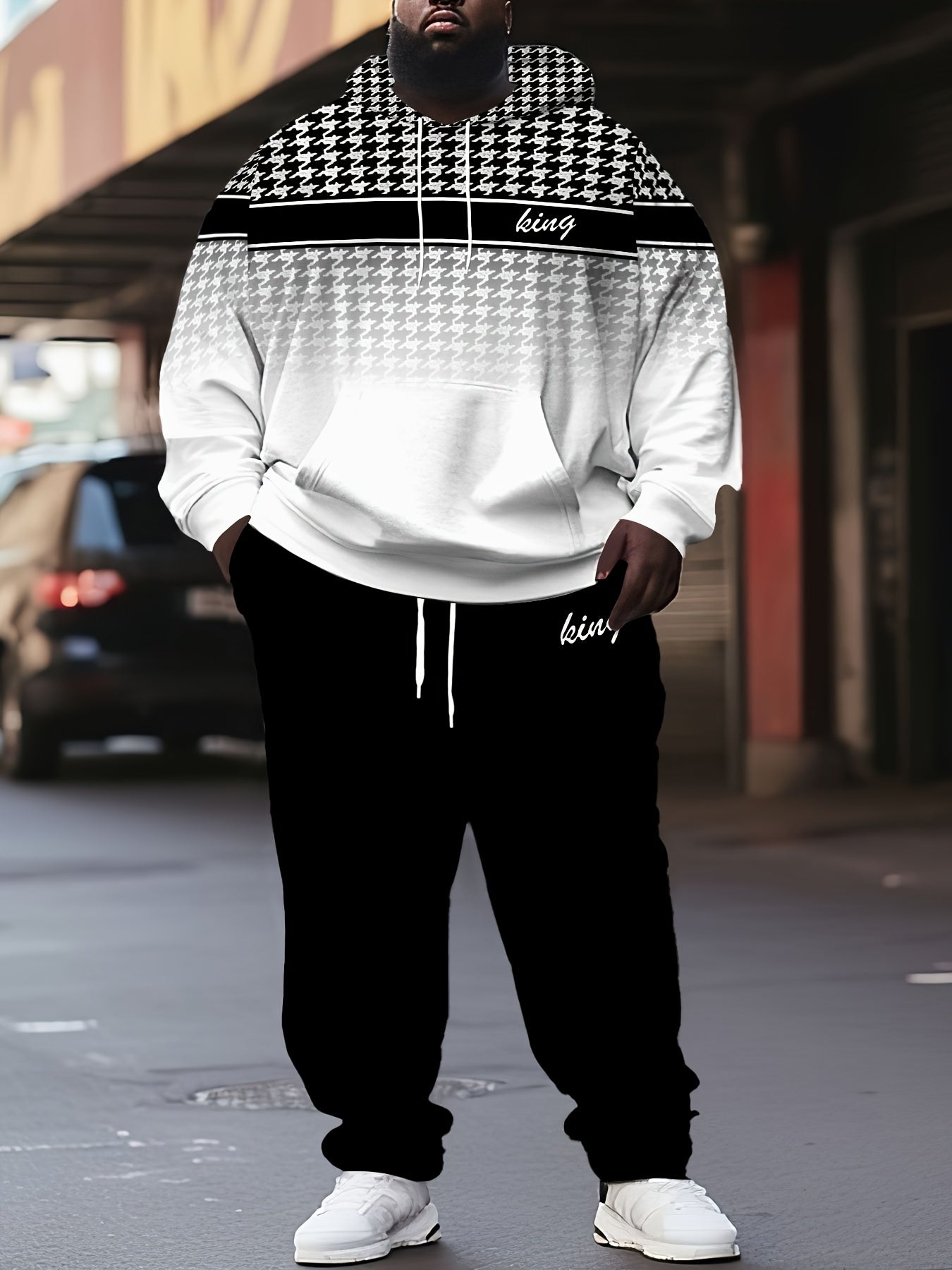 Plus Size Men Hoodie and Pants Set Gingham Plaid King Letter Print Spring Fall