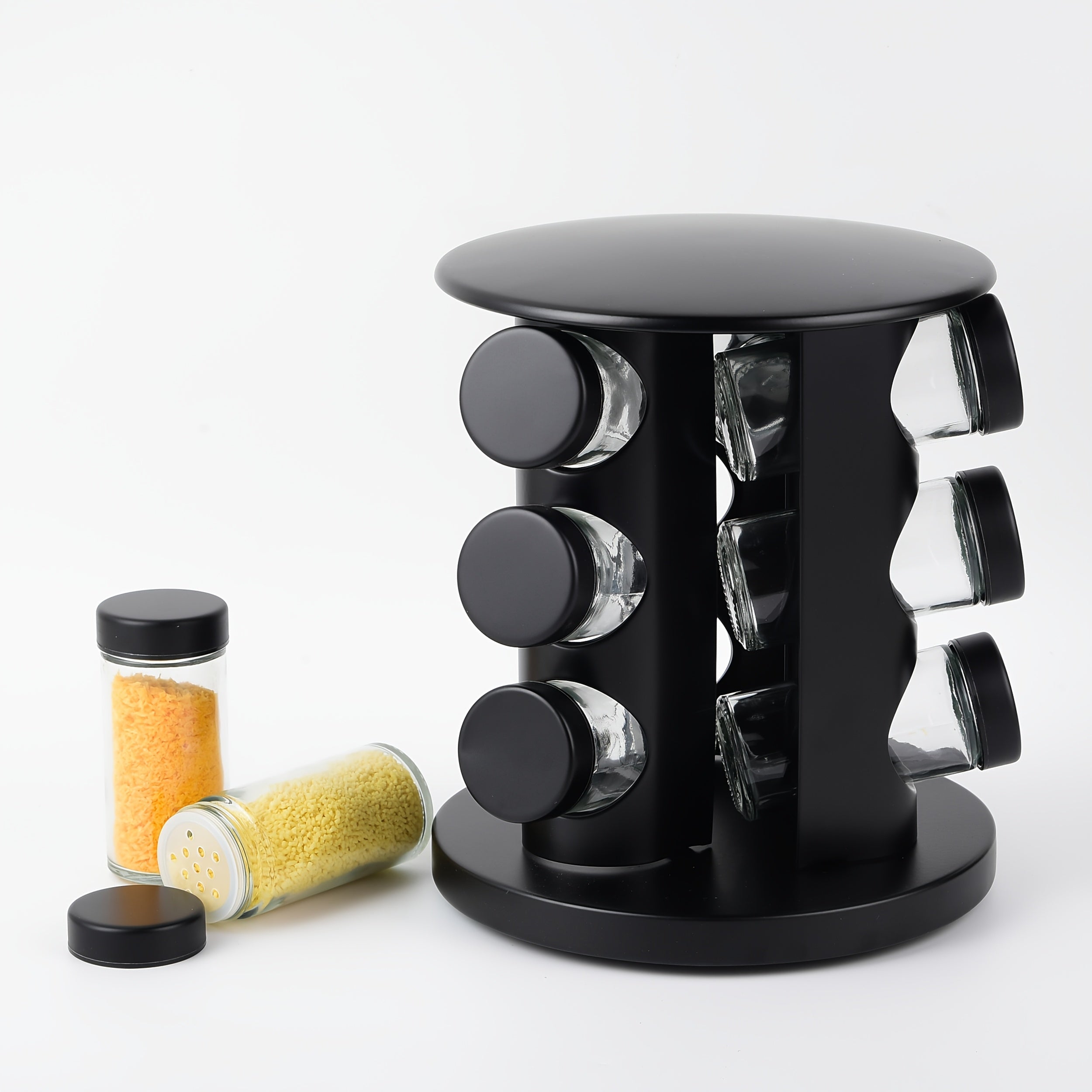 Golden Rotating Spice Jar Set with 9 Glass Jars and Revolving Storage Rack