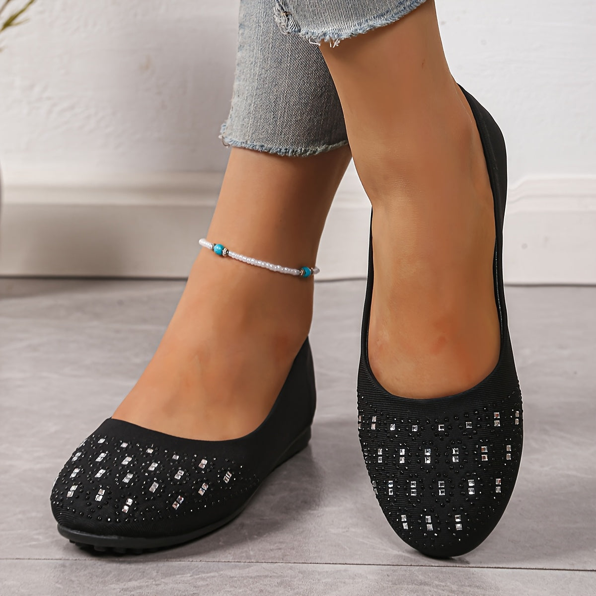 Women's Glittery Rhinestone-Embellished Slip-On Flats Black Fabric All-Season Shoes