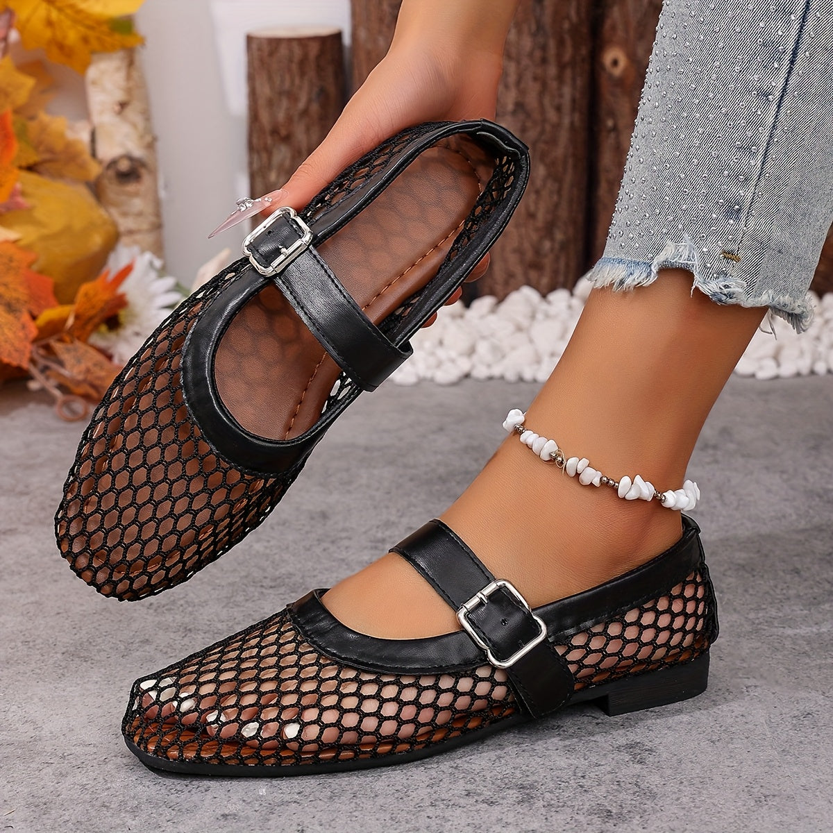 Women's Geometric Mesh Sandals Breathable Fabric Ankle Strap Casual Formal