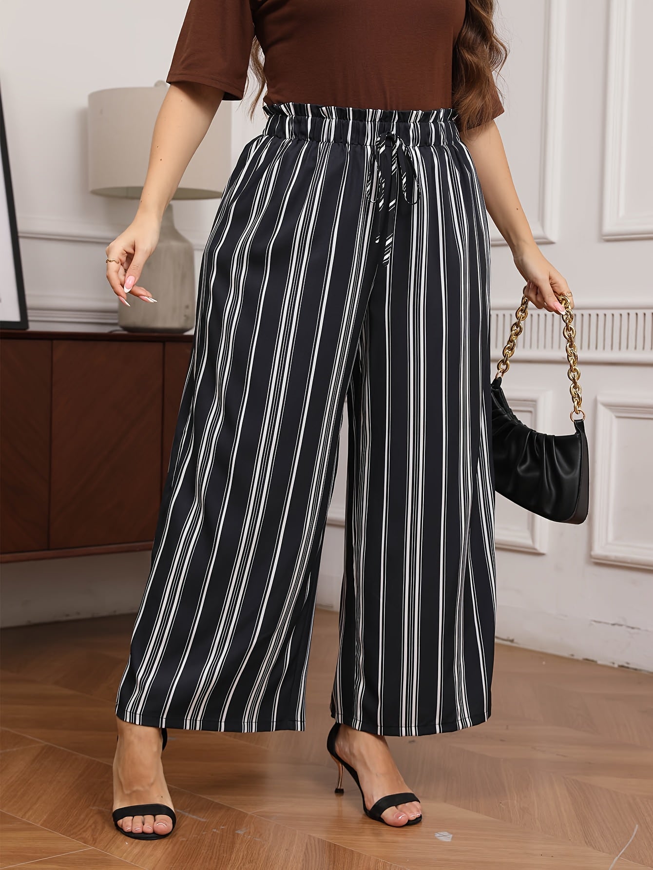 Plus Size Women's Wide Leg Lounge Pants Black White Striped Non-Stretch Adjustable Waist