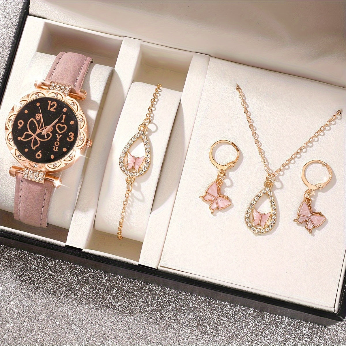 Набор из 5 женских кварцевых часов с дизайном из страз и бабочками