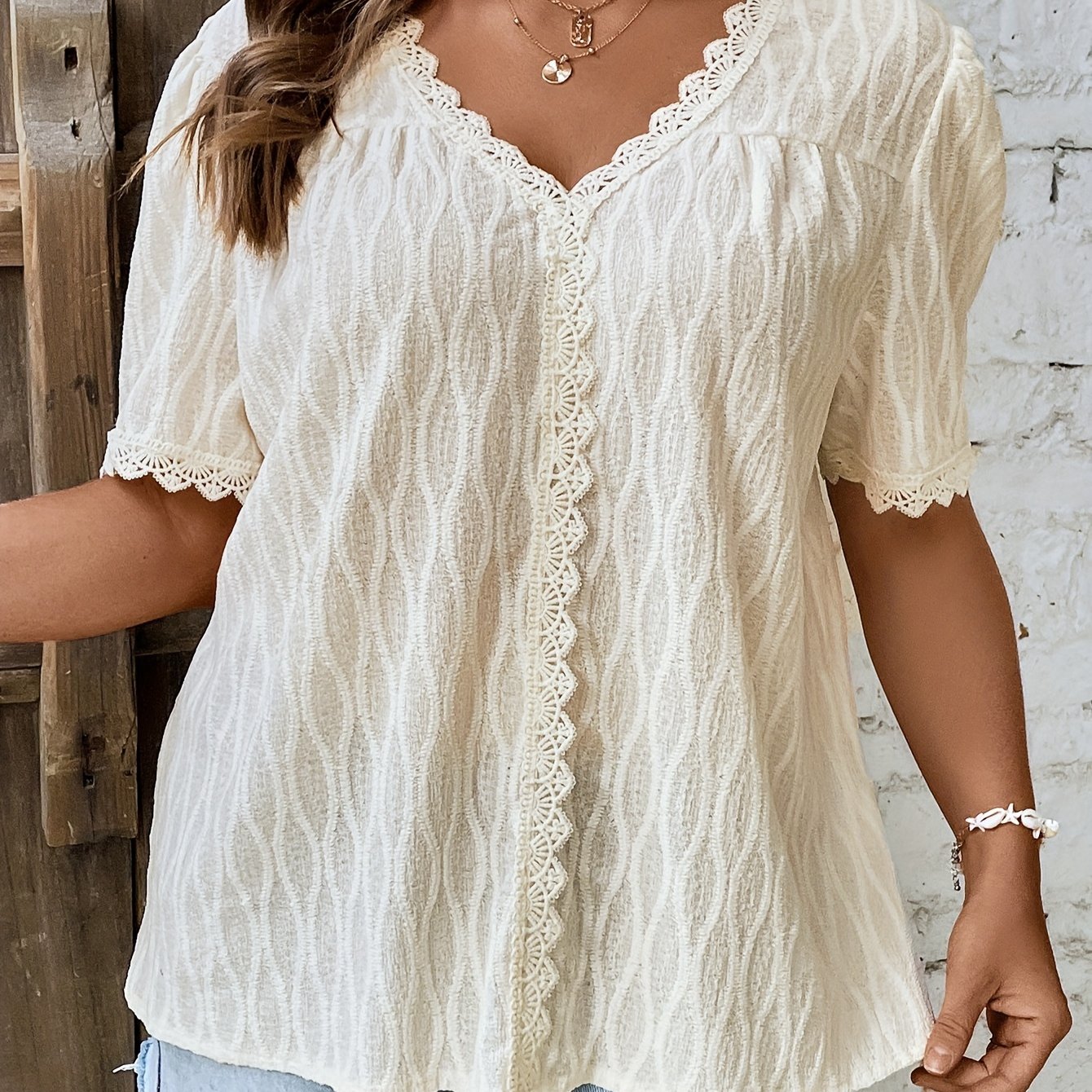 Women Plus Size Lace Top V-Neck Ruffled Sleeve Green Casual Blouse