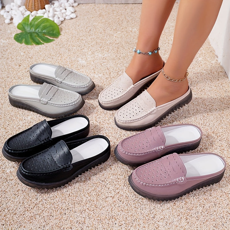 Women’s Solid Color Mules Flat Slip-On Shoes Perforated Non-Slip Casual