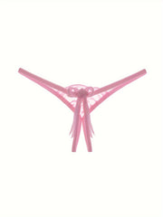 Women's Light Breathable Floral Mesh Thong with Bows and Open Crotch