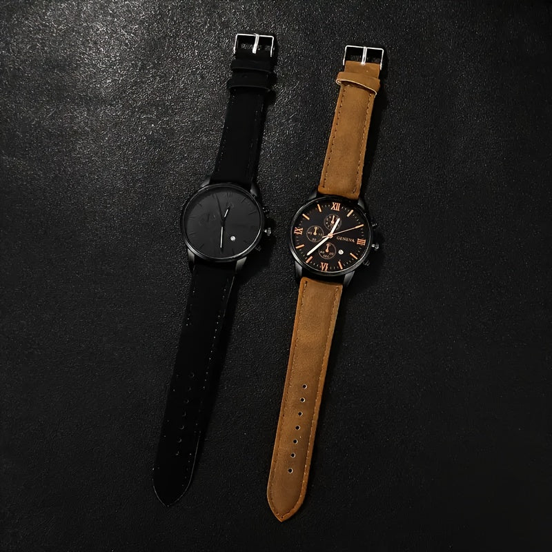 Set of 2 Men's Fashion Quartz Watches Alloy Case PU Leather Band Non-Waterproof Analog Shock-Resistant
