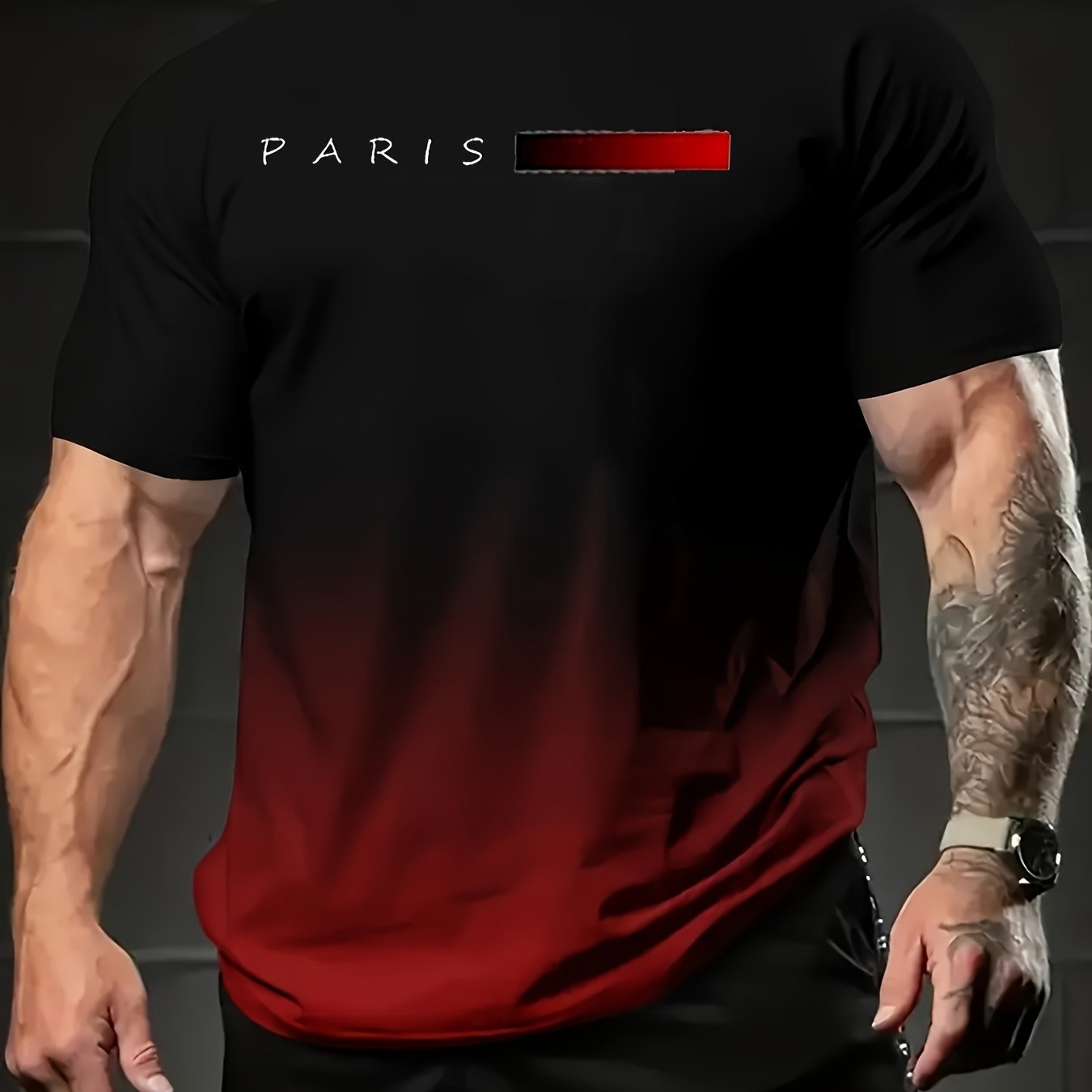 Erkaklar uchun vintage uslubidagi gradient Paris grafik futbolkasi qora va qizil o'zgarish bilan "PARIS" dizayniga ega. Polyester aralashmasidan tayyorlangan, u yumshoq yaka, qisqa yenglar bilan jihozlangan va ...