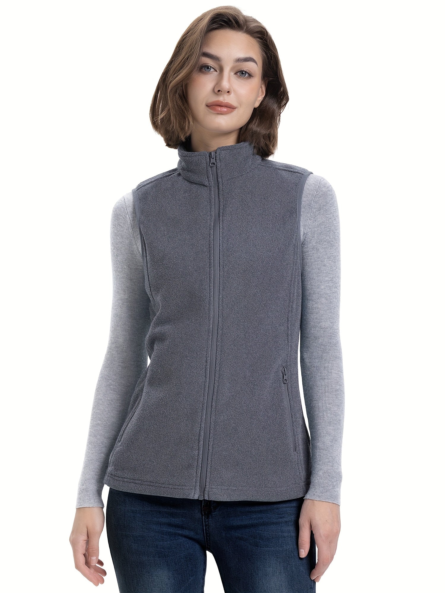 Women’s Lightweight Fleece Vest with Pocket Stand Collar Zip-Up Sleeveless Spring Fall