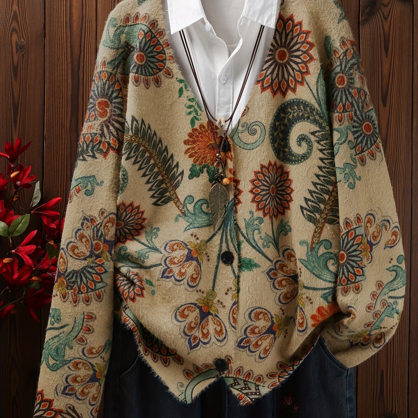 Plus Size Women's Autumn Winter Floral Print Cardigan Long Sleeve Open Front Sweater