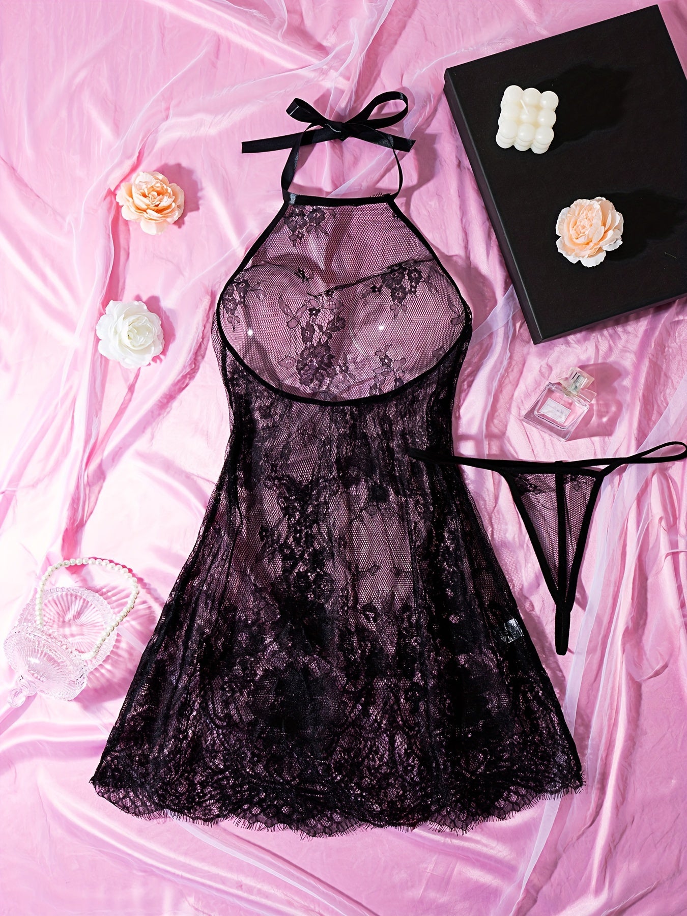 Women's Lace Halter Babydoll Dress with Thong Semi-Sheer Stretch Fabric