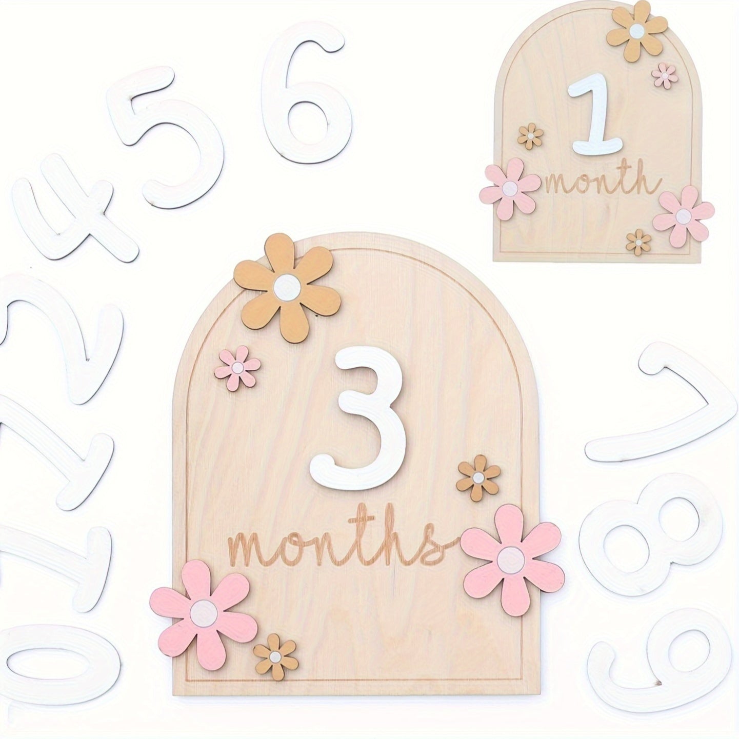 Wooden Milestone Cards Set for Baby Growth Tracking with Floral Design 1-12 Months