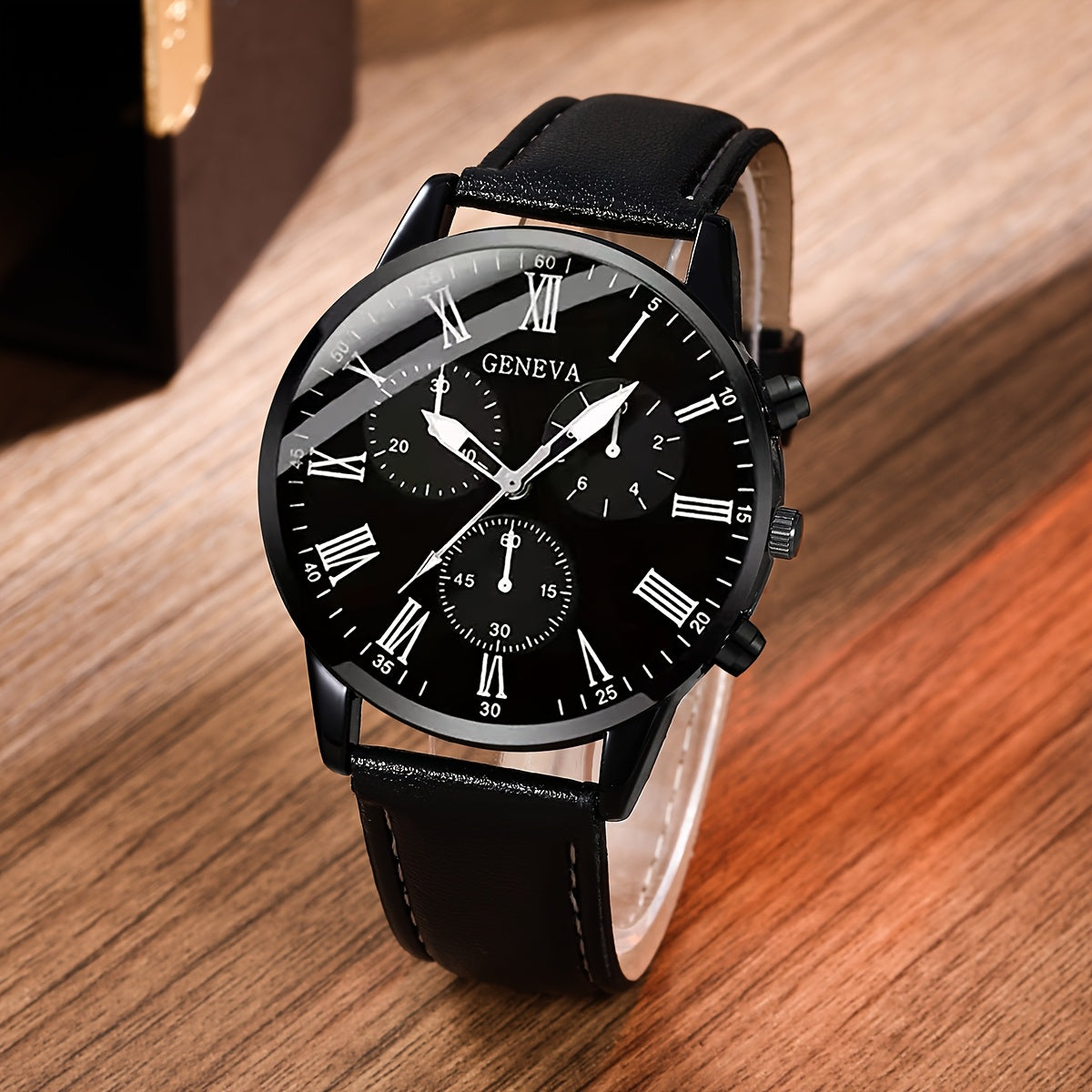 Men's Quartz Watch Set with Black Faux Leather Strap and Four Bracelets