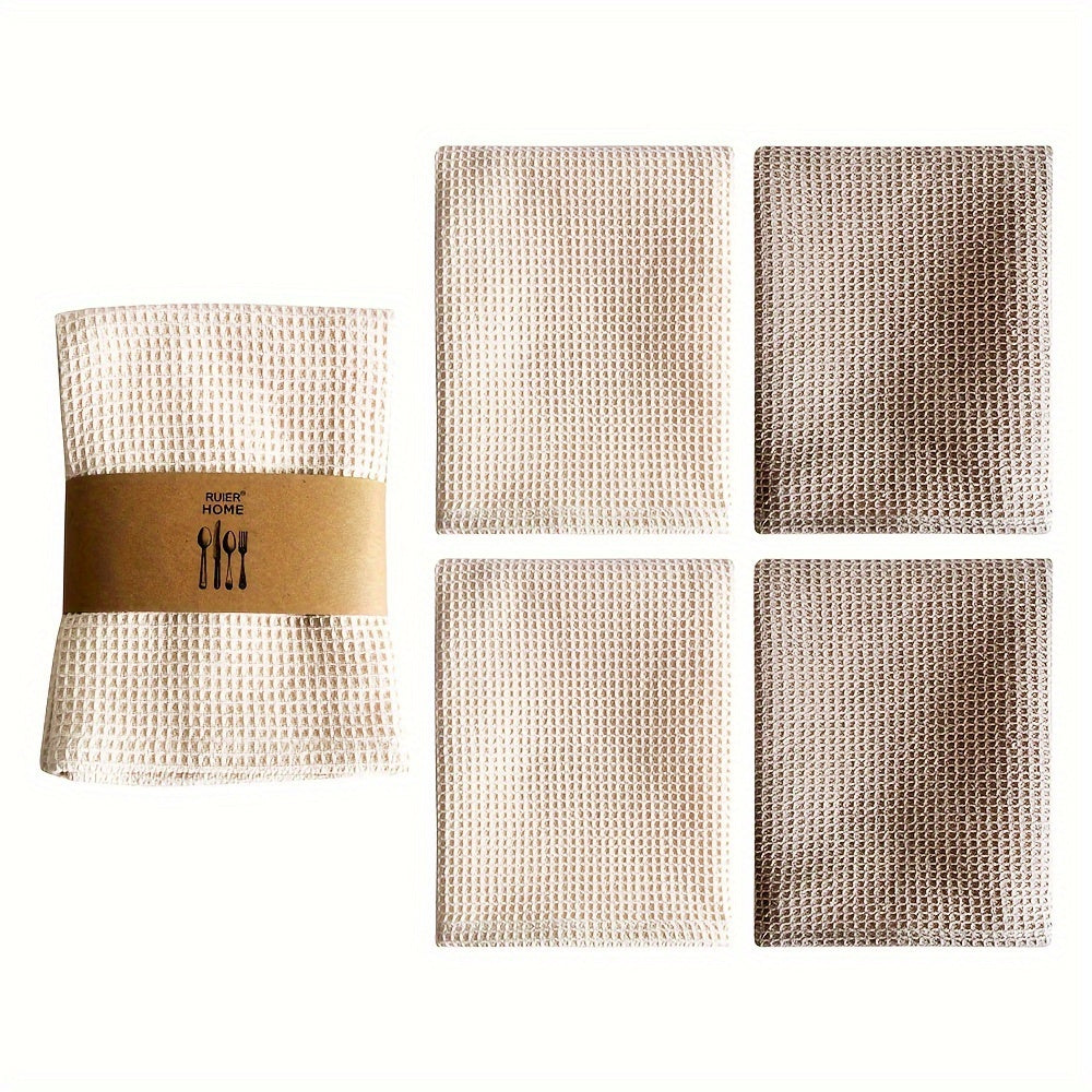 Set of 4 Waffle Textured Cotton Dish Towels with Hanging Loop 13.78x13.78 Inches