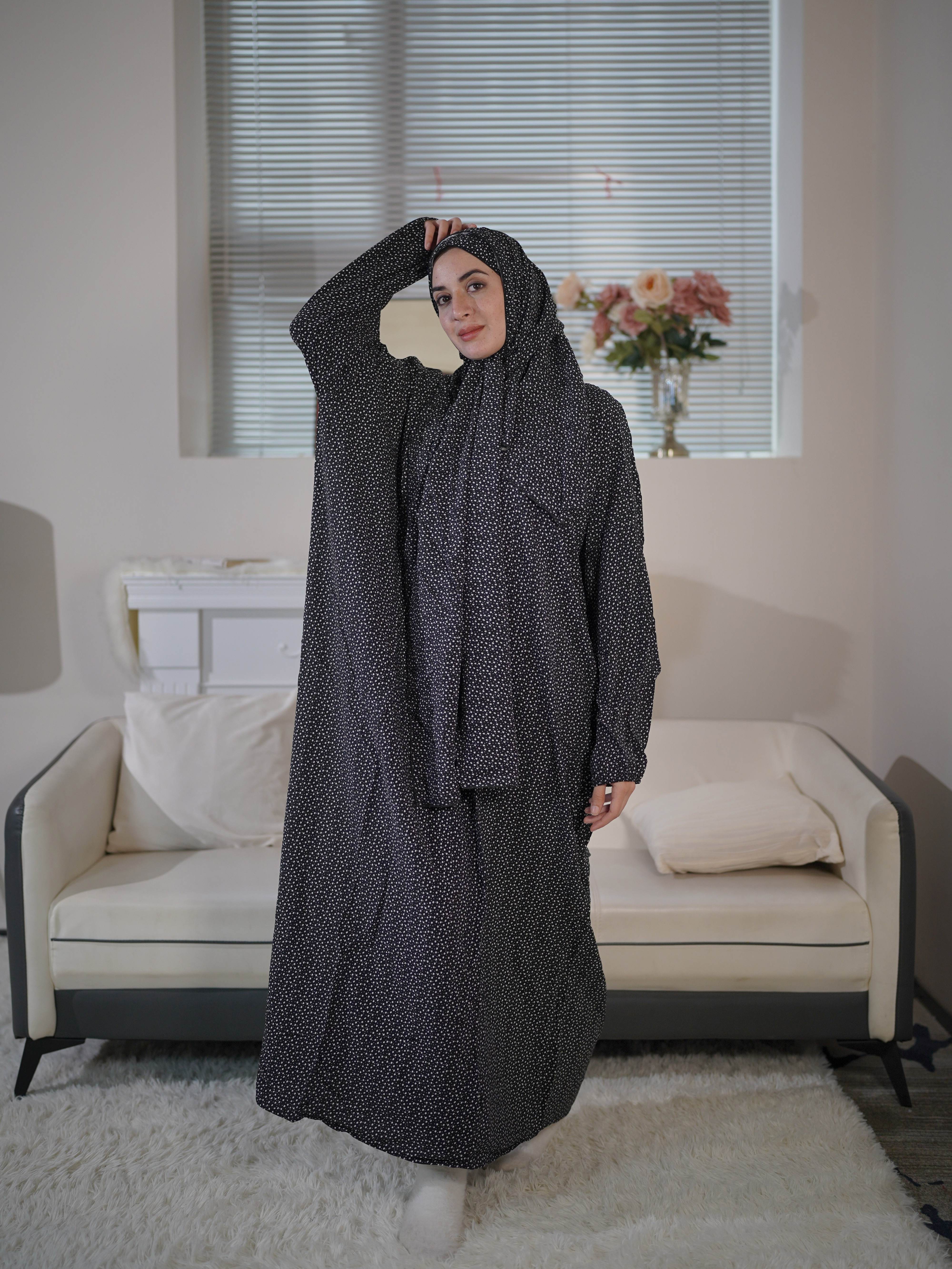 Plus Size Floral Print Modest Dress with Hijab Rayon Machine Washable