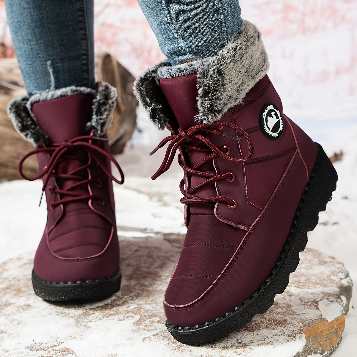 Women's Winter Snow Boots Mid-Calf Casual Solid Color Lace-Up Wedge