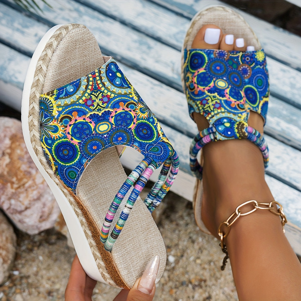 Women's Bohemian Style Slide Sandals Vibrant Geometric Pattern Open Toe