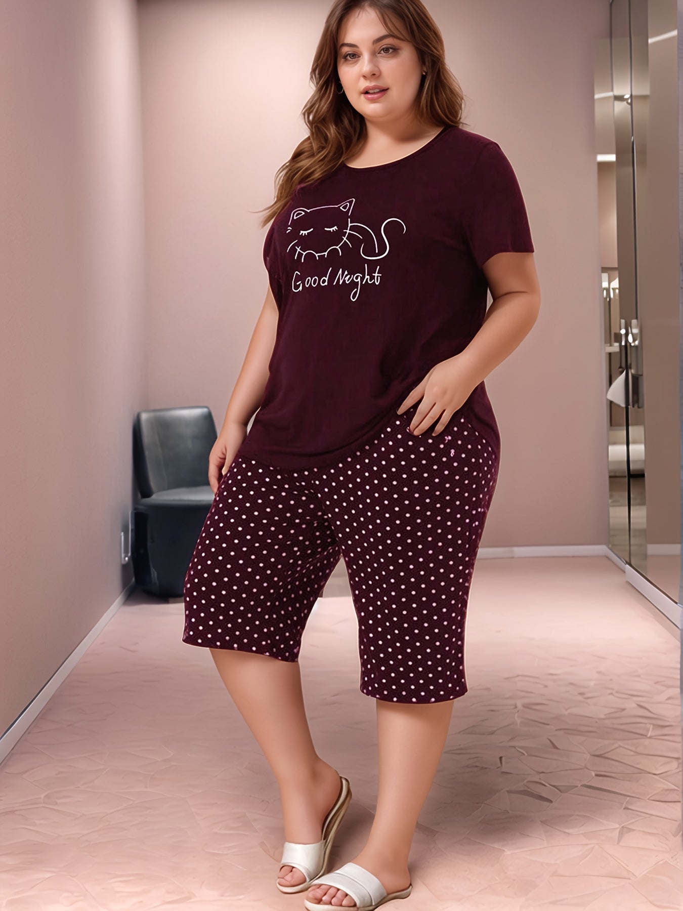 Women Casual Short Sleeve Pajama Set Large Size