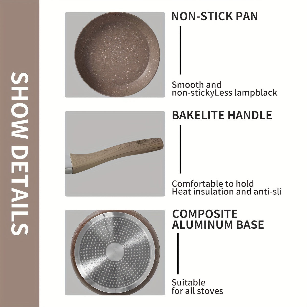 Non-Stick Aluminum Frying Pan with Wooden Handle Maifan Stone Coating Dishwasher Safe