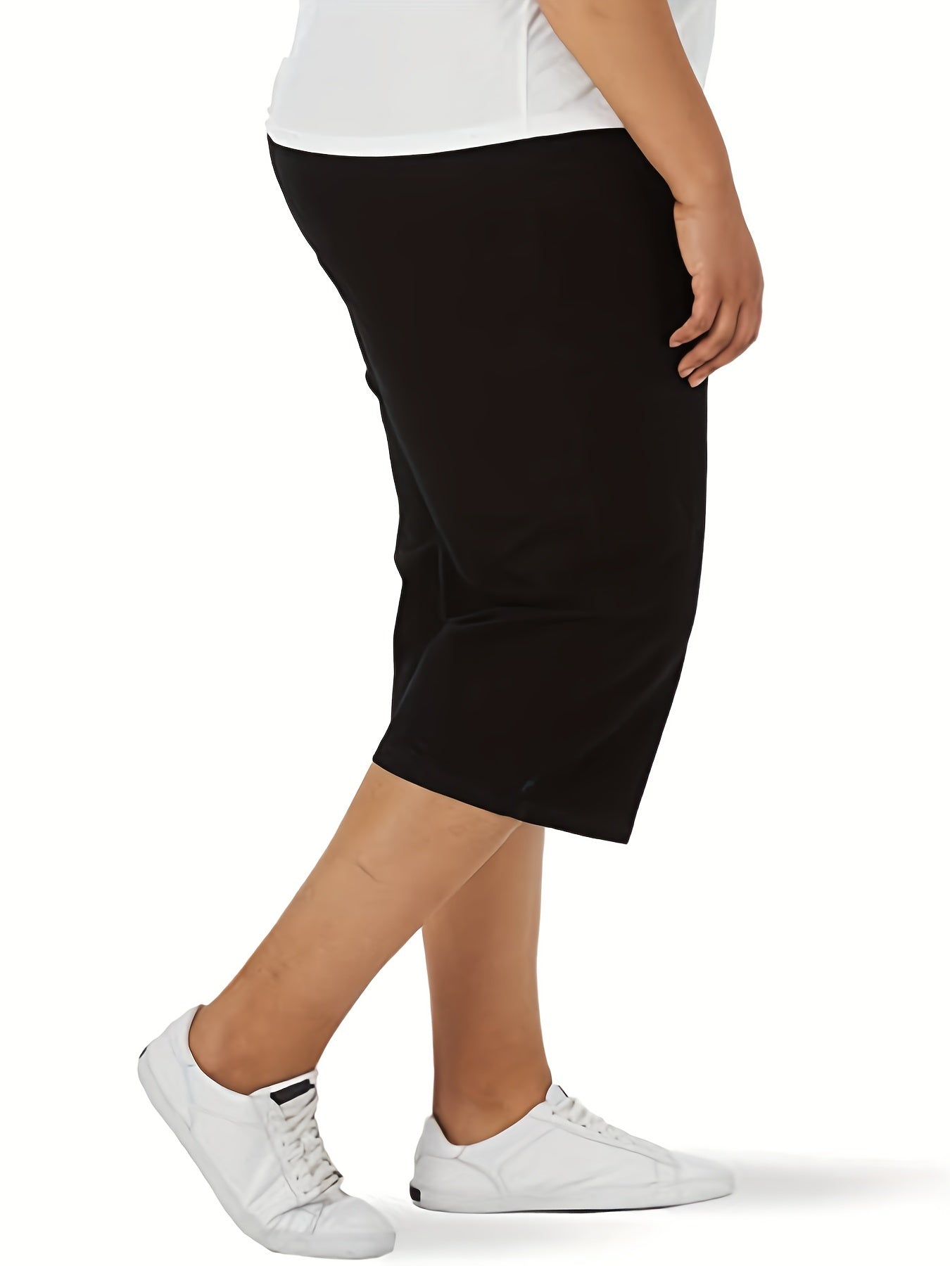 Women Plus Size Polyester Knit Shorts High Stretch Solid Summer Pockets