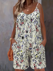 Women's Floral Sleeveless Jumpsuit with Pockets Polyester Blend for Vacation