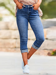 Ayollar uchun ko'k ribbed denim kapri slim fit o'rta qovurg'a to'g'ri kesim ochiq hem