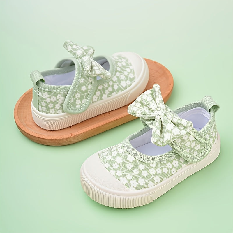 Girls Floral Print Canvas Sneakers with Bow Detail Non-Slip TPR Sole for Casual Outdoor Wear